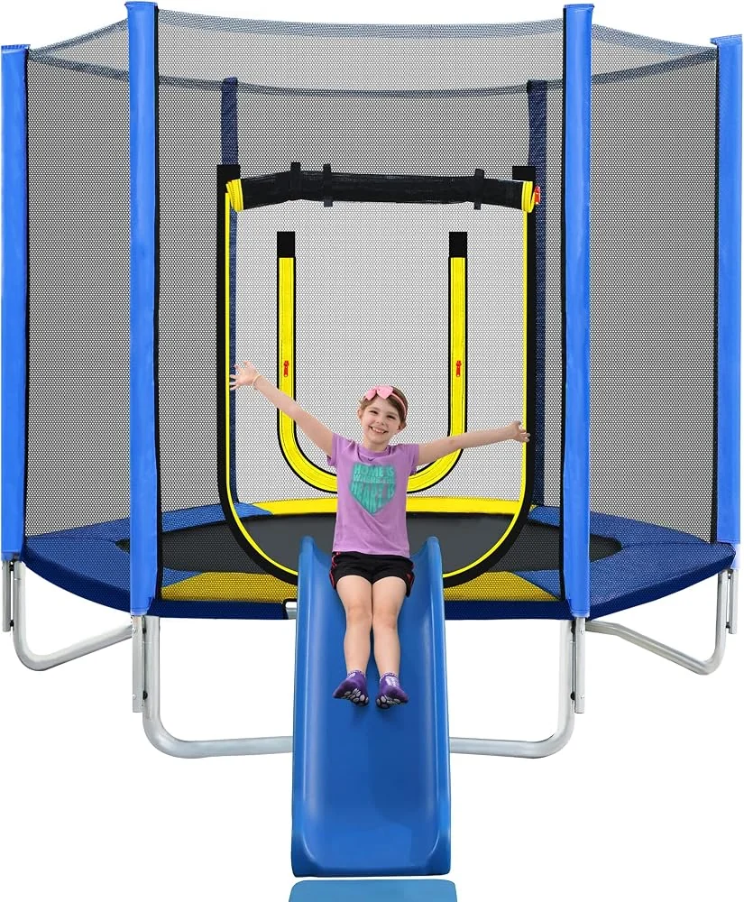 Merax 7ft Kids Trampoline with Slide, Enclosure Net and Ladder, Climb 'n Slide Small Toddler Trampoline Indoor Outdoor for Kids, Blue