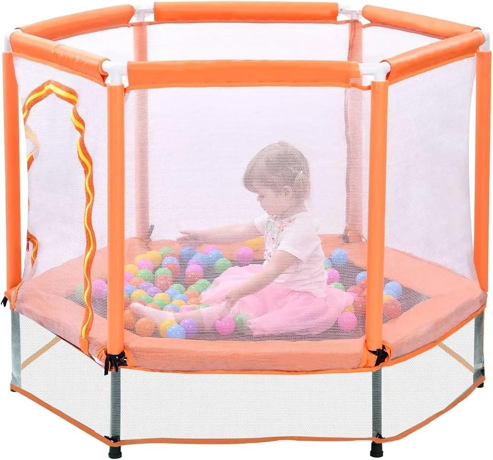 Merax 55" Indoor/Outdoor Kids Jumper: Safety Enclosure Net, Ball Pit Included | 4.5FT Mini Trampoline for Toddlers & Babies 3+ Months, Orange
